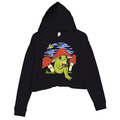 Frog With Mushroom Hat Cottagecore Goblincore Book Lover Crop Fleece Hoodie