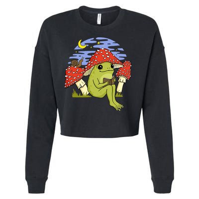 Frog With Mushroom Hat Cottagecore Goblincore Book Lover Cropped Pullover Crew