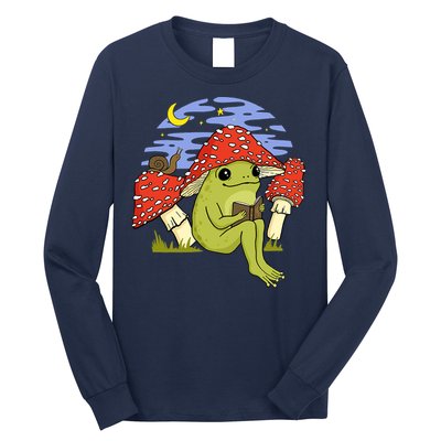 Frog With Mushroom Hat Cottagecore Goblincore Book Lover Long Sleeve Shirt