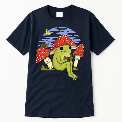 Frog With Mushroom Hat Cottagecore Goblincore Book Lover Tall T-Shirt