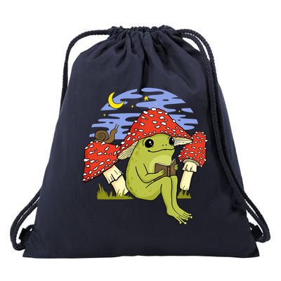 Frog With Mushroom Hat Cottagecore Goblincore Book Lover Drawstring Bag