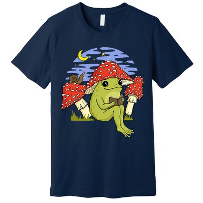 Frog With Mushroom Hat Cottagecore Goblincore Book Lover Premium T-Shirt