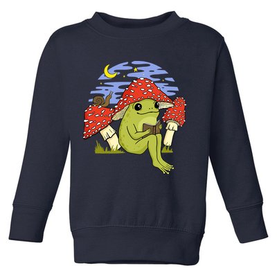 Frog With Mushroom Hat Cottagecore Goblincore Book Lover Toddler Sweatshirt