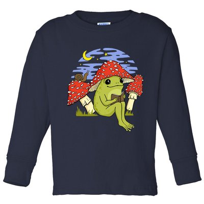 Frog With Mushroom Hat Cottagecore Goblincore Book Lover Toddler Long Sleeve Shirt