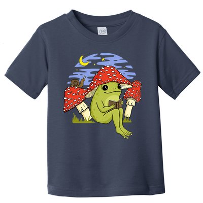 Frog With Mushroom Hat Cottagecore Goblincore Book Lover Toddler T-Shirt