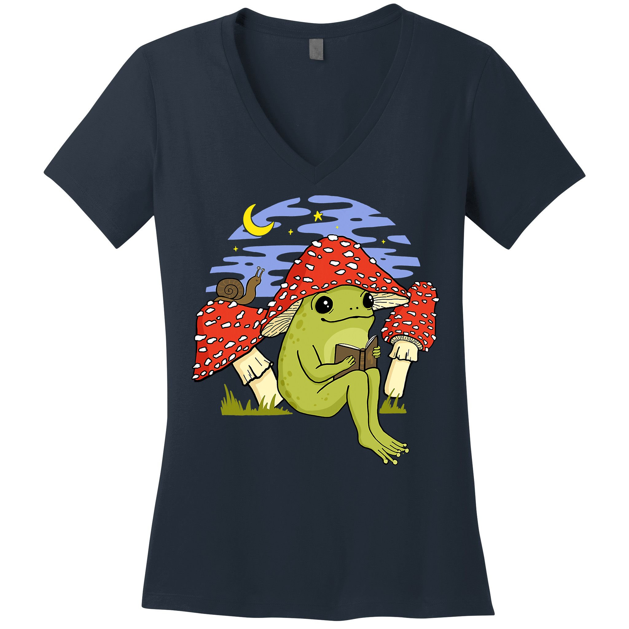 Frog With Mushroom Hat Cottagecore Goblincore Book Lover Women's V-Neck T-Shirt