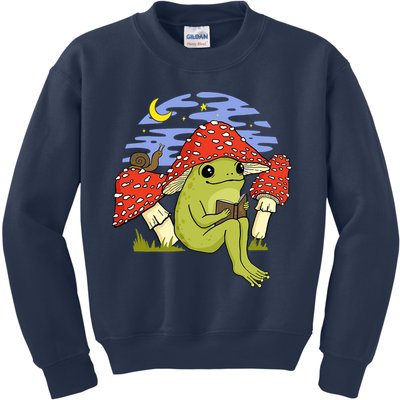Frog With Mushroom Hat Cottagecore Goblincore Book Lover Kids Sweatshirt
