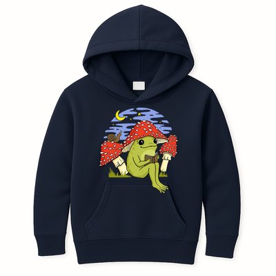 Frog With Mushroom Hat Cottagecore Goblincore Book Lover Kids Hoodie