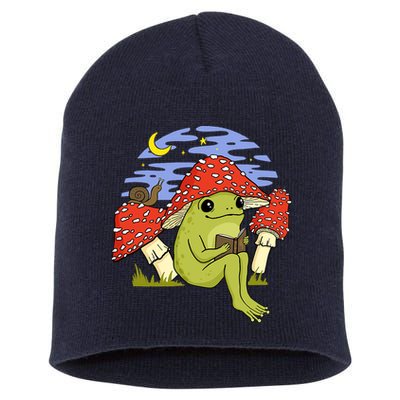 Frog With Mushroom Hat Cottagecore Goblincore Book Lover Short Acrylic Beanie