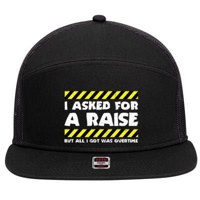 Funny Work Meme Working Overtime Funny Factory Worker 7 Panel Mesh Trucker Snapback Hat