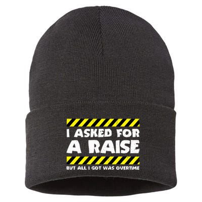 Funny Work Meme Working Overtime Funny Factory Worker Sustainable Knit Beanie
