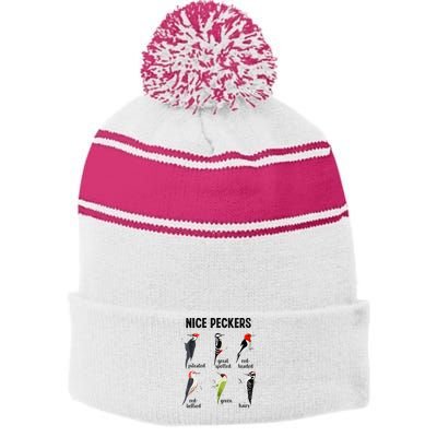 Funny Woodpecker Nice Peckers Bird Watching Stripe Pom Pom Beanie