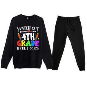 Funny Watch Out 4Th Grade Here I Come Back To School Funny Gift Premium Crewneck Sweatsuit Set