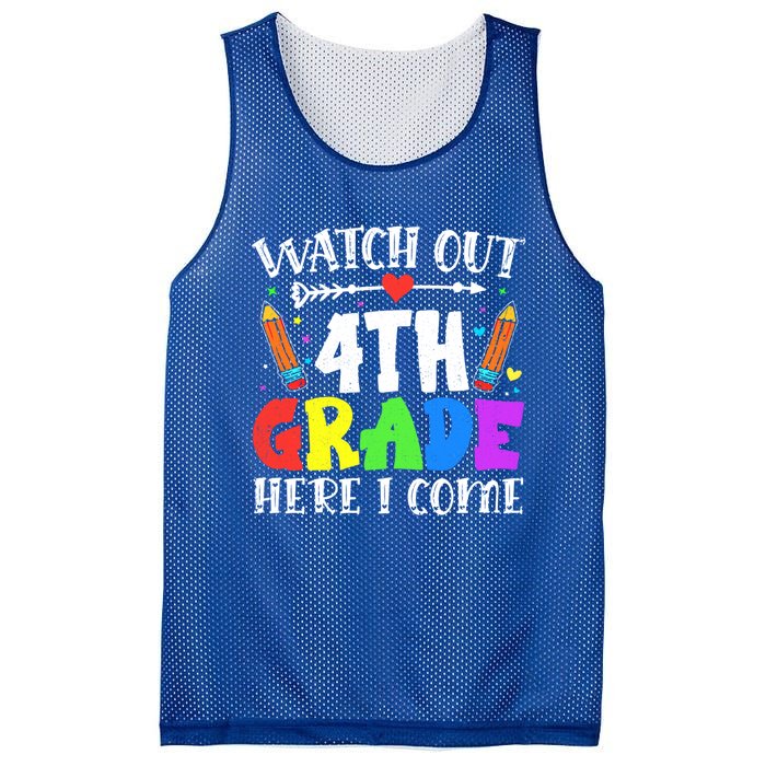 Funny Watch Out 4Th Grade Here I Come Back To School Funny Gift Mesh Reversible Basketball Jersey Tank