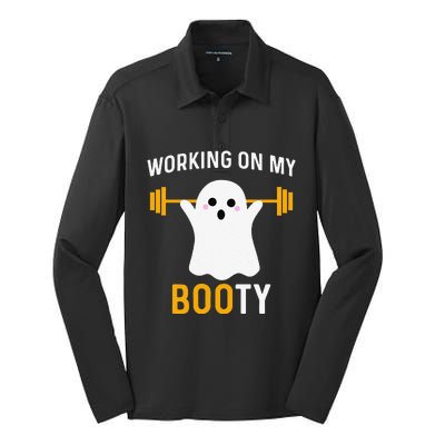 Funny Working On My Booty Funny Halloween Workout Gym Squat Silk Touch Performance Long Sleeve Polo