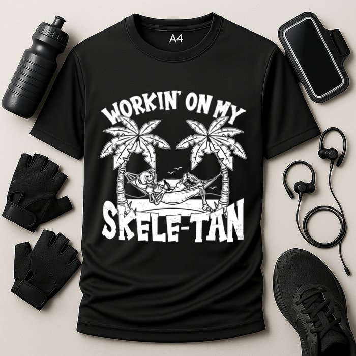 Funny Workin On My Skele Tan Vacation Skeleton Performance Shirt