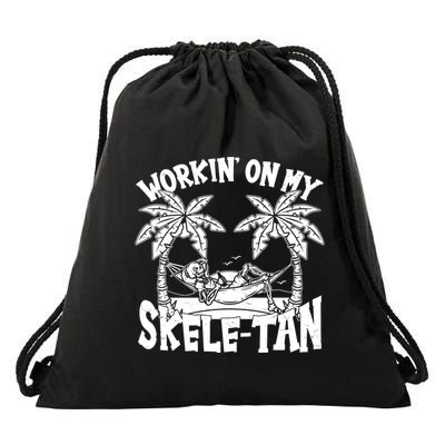 Funny Workin On My Skele Tan Vacation Skeleton Drawstring Bag