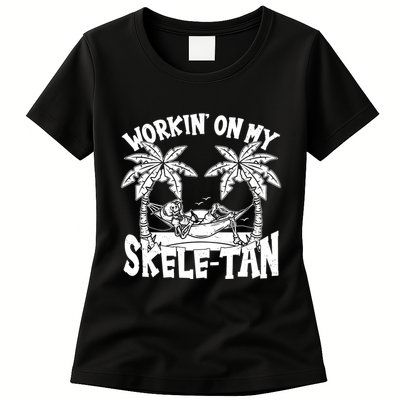 Funny Workin On My Skele Tan Vacation Skeleton Womens T-Shirt