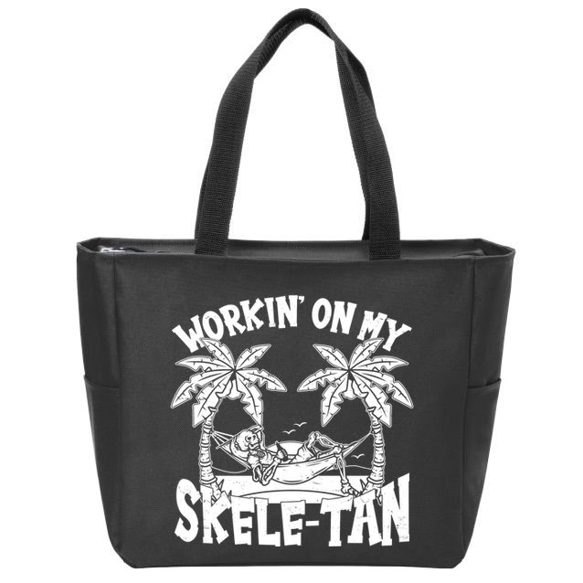 Funny Workin On My Skele Tan Vacation Skeleton Zip Tote Bag