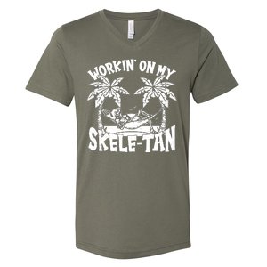 Funny Workin On My Skele Tan Vacation Skeleton V-Neck T-Shirt