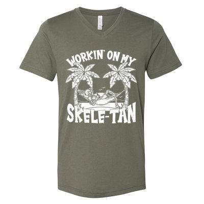 Funny Workin On My Skele Tan Vacation Skeleton V-Neck T-Shirt