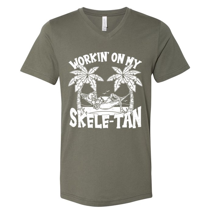 Funny Workin On My Skele Tan Vacation Skeleton V-Neck T-Shirt