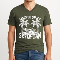 Funny Workin On My Skele Tan Vacation Skeleton V-Neck T-Shirt