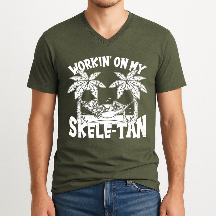 Funny Workin On My Skele Tan Vacation Skeleton V-Neck T-Shirt