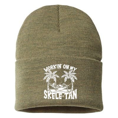 Funny Workin On My Skele Tan Vacation Skeleton Sustainable Knit Beanie