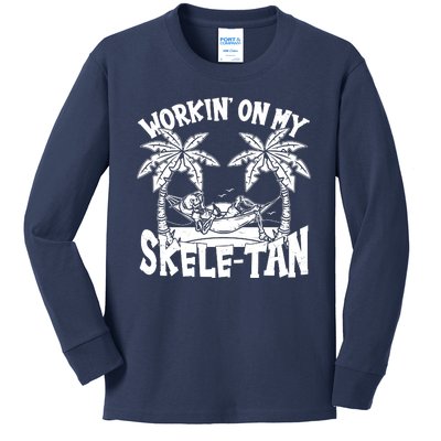 Funny Workin On My Skele Tan Vacation Skeleton Kids Long Sleeve Shirt