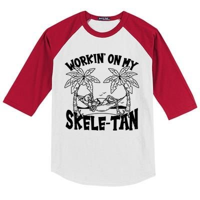 Funny Workin On My Skele Tan Vacation Skeleton Kids Colorblock Raglan Jersey