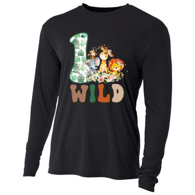 Funny Wild One 1st Birthday Safari Animal Themed Gift Cooling Performance Long Sleeve Crew