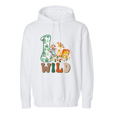 Funny Wild One 1st Birthday Safari Animal Themed Gift Garment-Dyed Fleece Hoodie