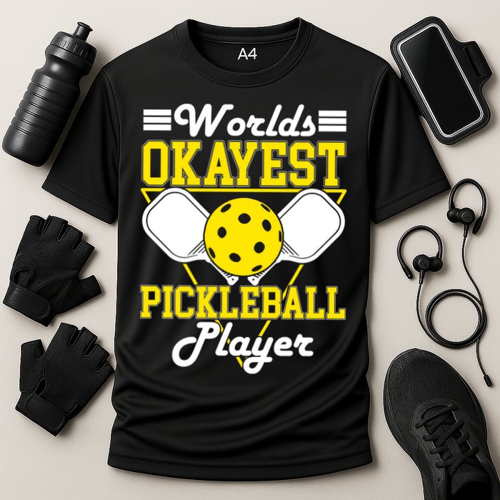 Funny Worlds Okayest Pickleball Player Gift Paddle Gift Cooling Performance Crew T-Shirt