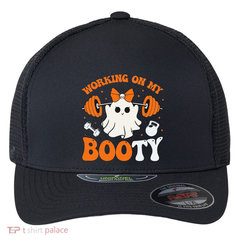 Funny Working On My Booty Ghost Boo Gym Ghost Pun Halloween Flexfit Unipanel Trucker Cap