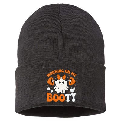 Funny Working On My Booty Ghost Boo Gym Ghost Pun Halloween Sustainable Knit Beanie
