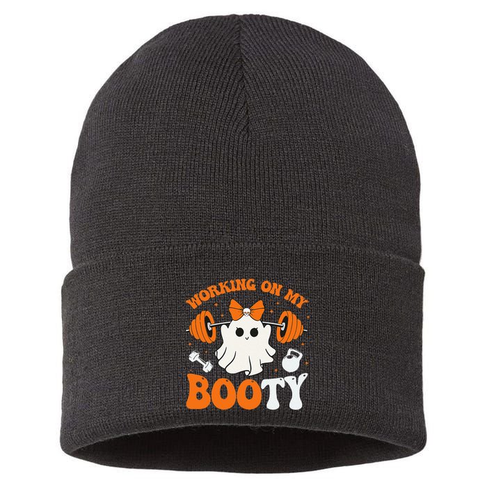 Funny Working On My Booty Ghost Boo Gym Ghost Pun Halloween Sustainable Knit Beanie