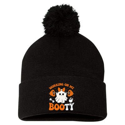 Funny Working On My Booty Ghost Boo Gym Ghost Pun Halloween Pom Pom 12in Knit Beanie