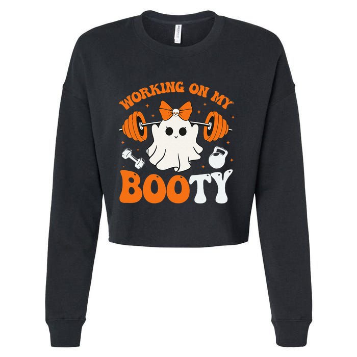 Funny Working On My Booty Ghost Boo Gym Ghost Pun Halloween Cropped Pullover Crew