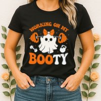 Funny Working On My Booty Ghost Boo Gym Ghost Pun Halloween Womens T-Shirt