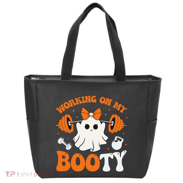 Funny Working On My Booty Ghost Boo Gym Ghost Pun Halloween Zip Tote Bag