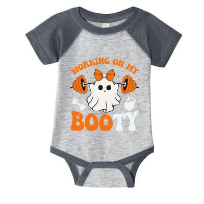 Funny Working On My Booty Ghost Boo Gym Ghost Pun Halloween Infant Baby Jersey Bodysuit