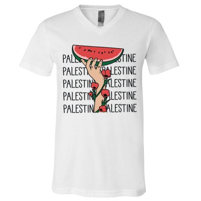 Floral Watermelon Palestine Watermelon V-Neck T-Shirt
