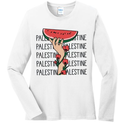 Floral Watermelon Palestine Watermelon Ladies Long Sleeve Shirt