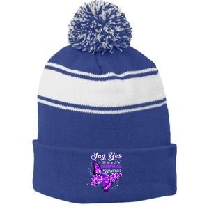 Fibromyalgia Warrior Purple Butterfly Gift Stripe Pom Pom Beanie