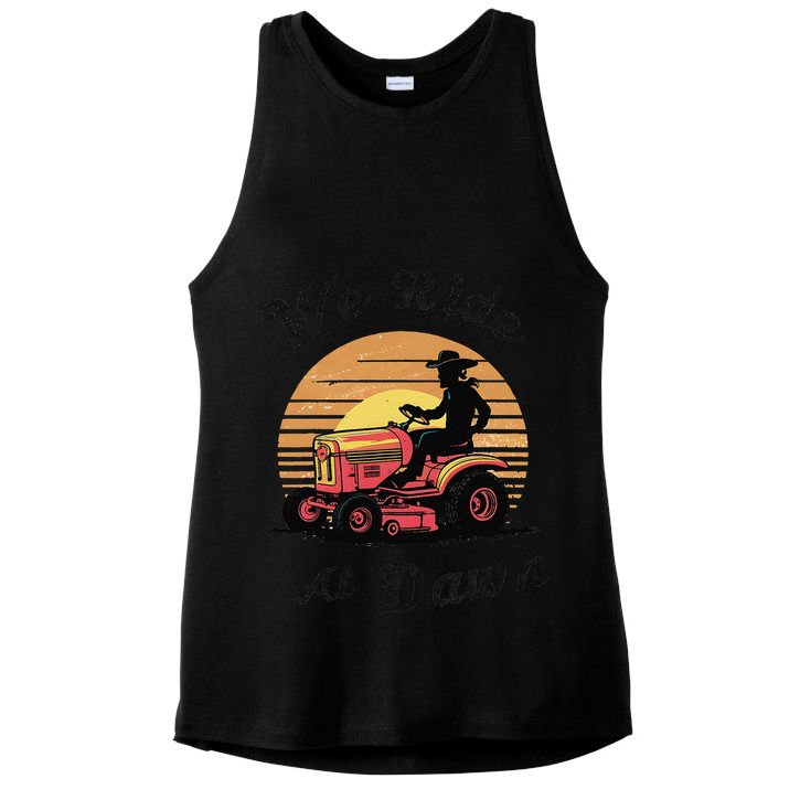 Funny We Ride At Dawn Lawn Mowers Vintage Lawn Mowing Ladies PosiCharge Tri-Blend Wicking Tank