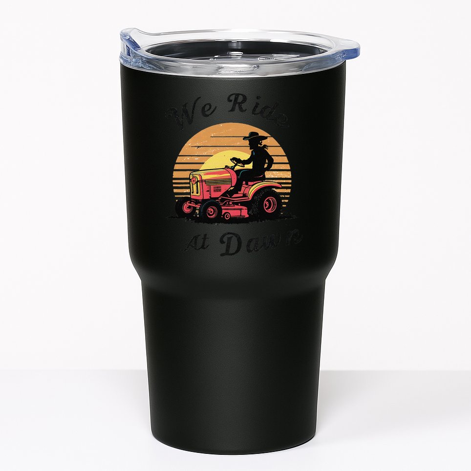 Funny We Ride At Dawn Lawn Mowers Vintage Lawn Mowing Tumbler