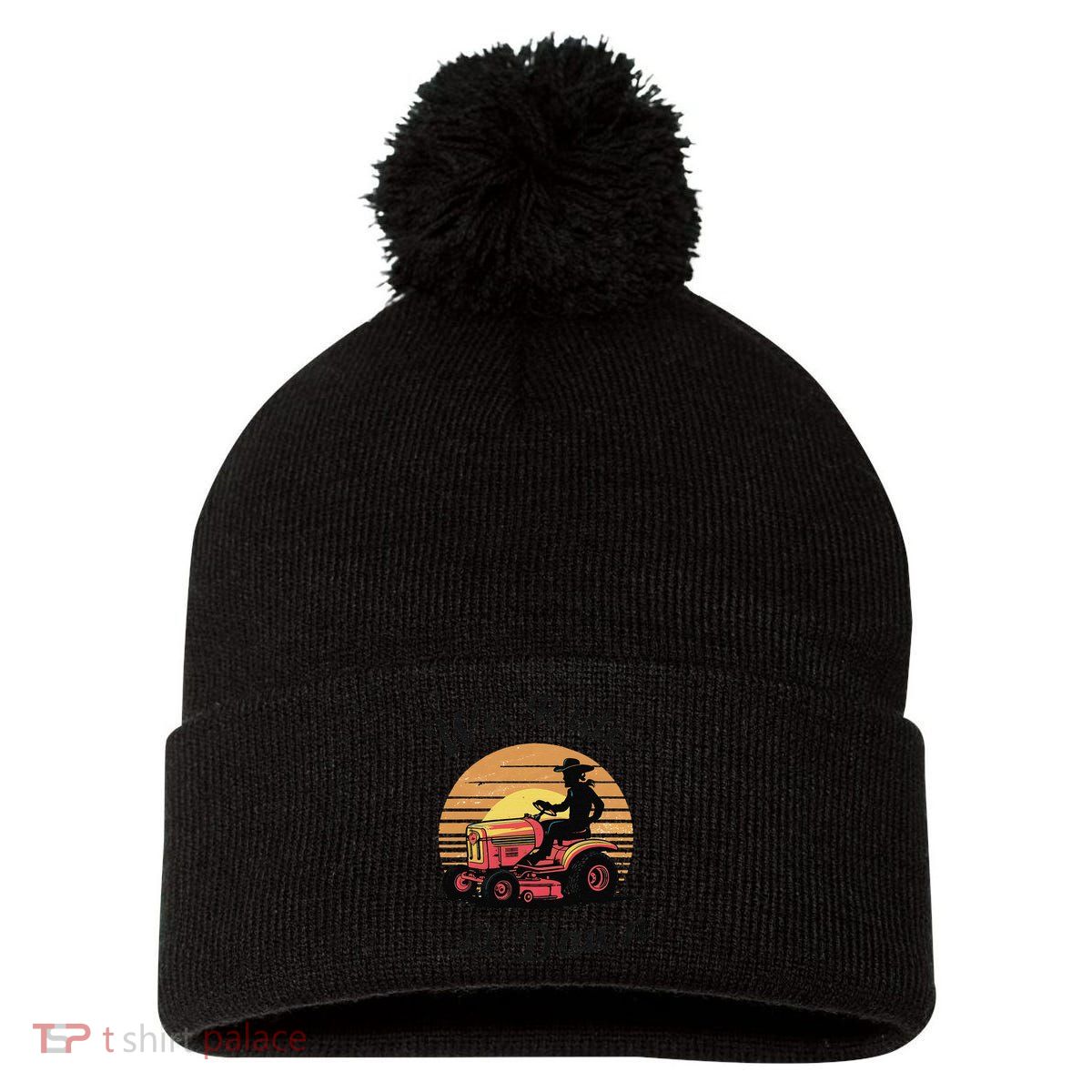 Funny We Ride At Dawn Lawn Mowers Vintage Lawn Mowing Pom Pom 12in Knit Beanie
