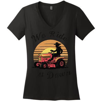Funny We Ride At Dawn Lawn Mowers Vintage Lawn Mowing Women's V-Neck T-Shirt