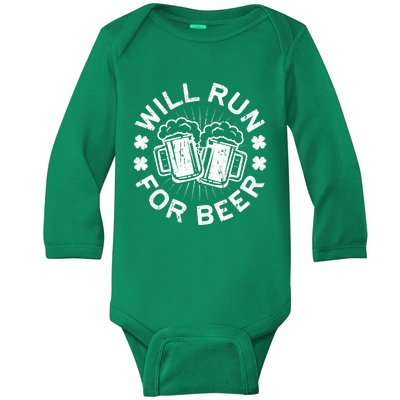 Funny Will Run For Beer Saint Patricks Day Gift Baby Long Sleeve Bodysuit